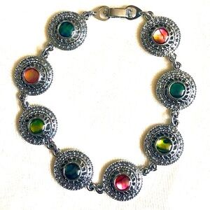 Rainbow Coin Link Bracelet Glass Multicolour Stones Silver-Tone Gypsy Charm